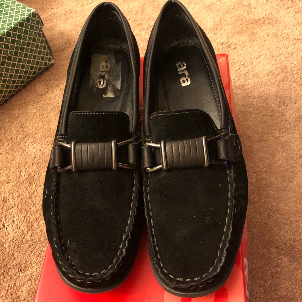 Black suede loafers